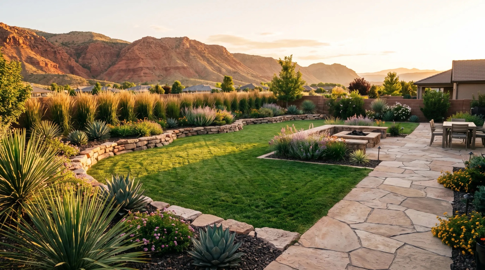 Finished landscape design with stone patio and firepit